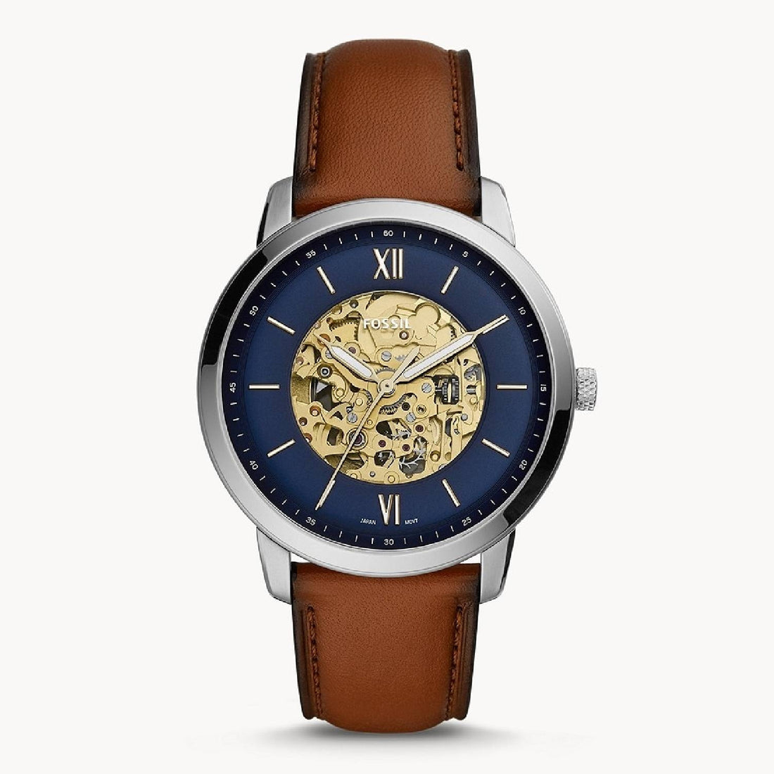 Orologio Uomo Acciaio Fossil Solo Tempo Automatico Scheletrato Blu Pelle ME3160