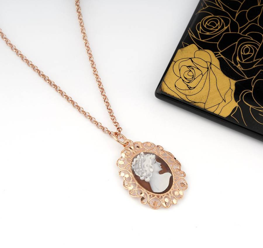 Ciondolo Donna Cameo Italiano Argento Dorato 925 Bouquet Fiori P21B-G