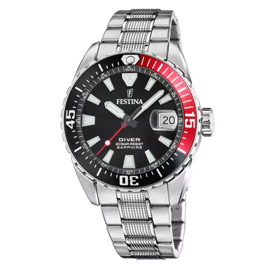 Orologio Uomo Festina Diver Acciaio Quarzo Solo Tempo Data Ghiera Rosso Nera F20669/6