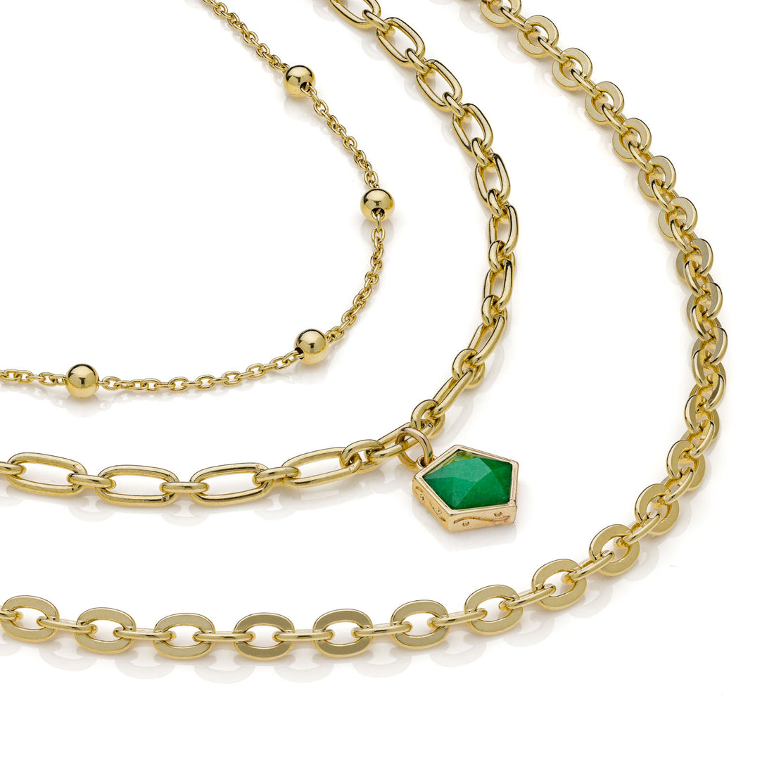 Collana Donna Unoaerre Bronzo Dorato Catena Tre Fili Gipsy Pietra Verde 540239