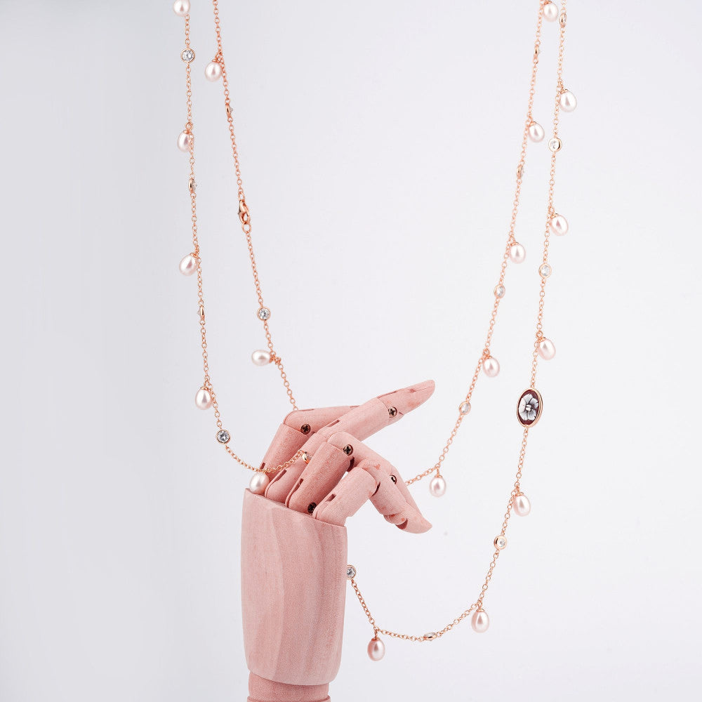 Collana Donna Cameo Italiano Argento Rosè 925 Lunga Perle Zirconi C4-R