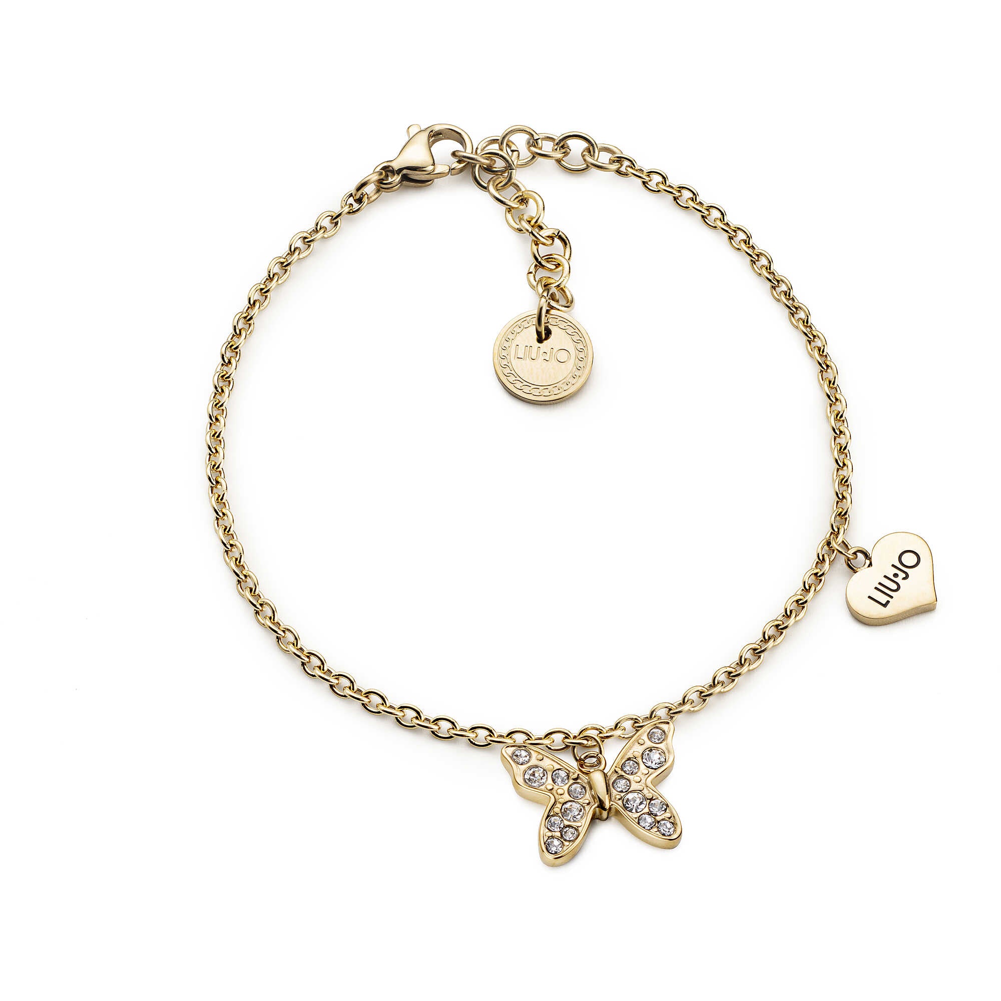 Bracciale Donna Liu Jo Acciaio Dorato Catena Farfalla Zirconi Bianchi Logo LJ1878