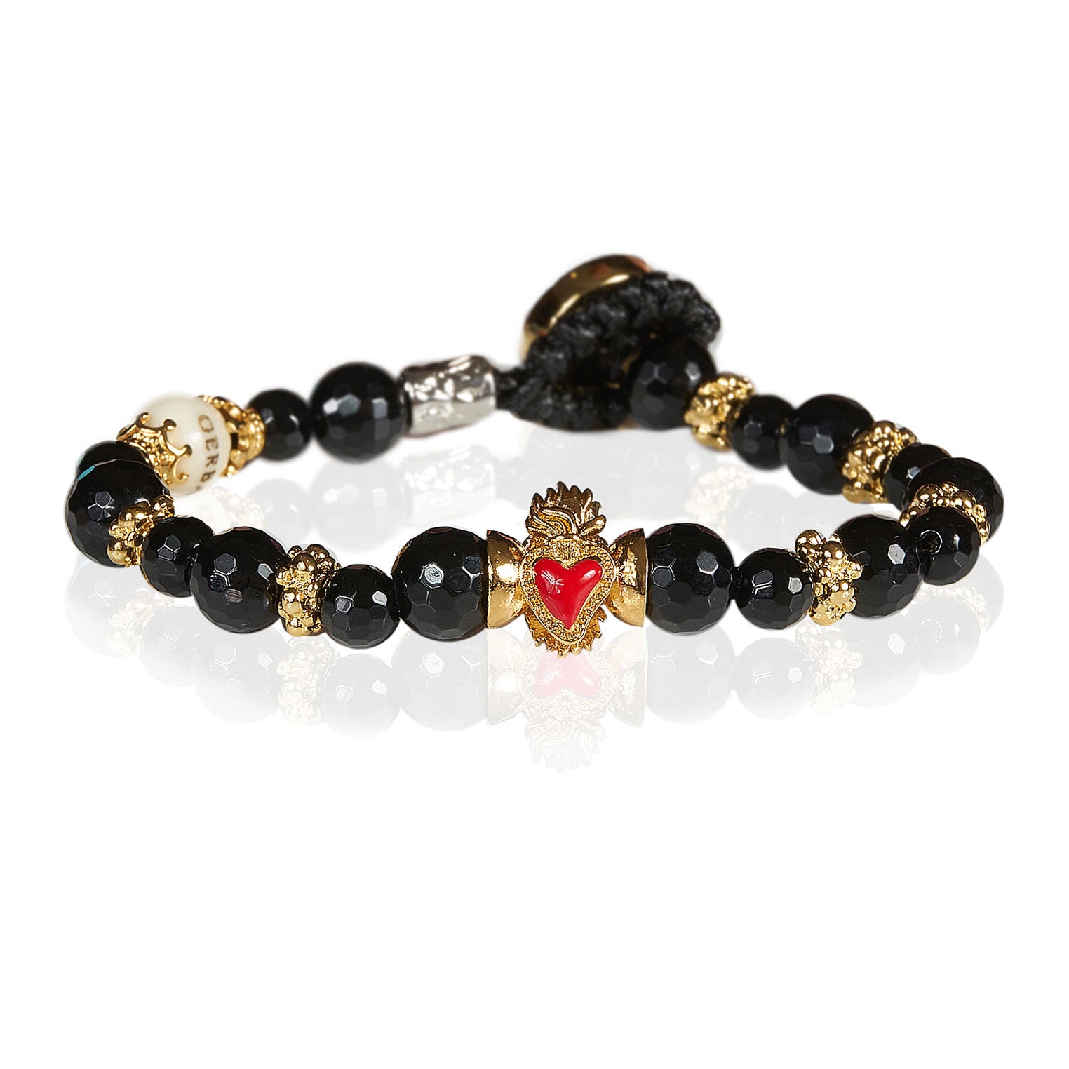 Bracciale Unisex Gerba Argento 925 Pietre Nere Sfaccettata Sacro Cuore Rosso LCD02