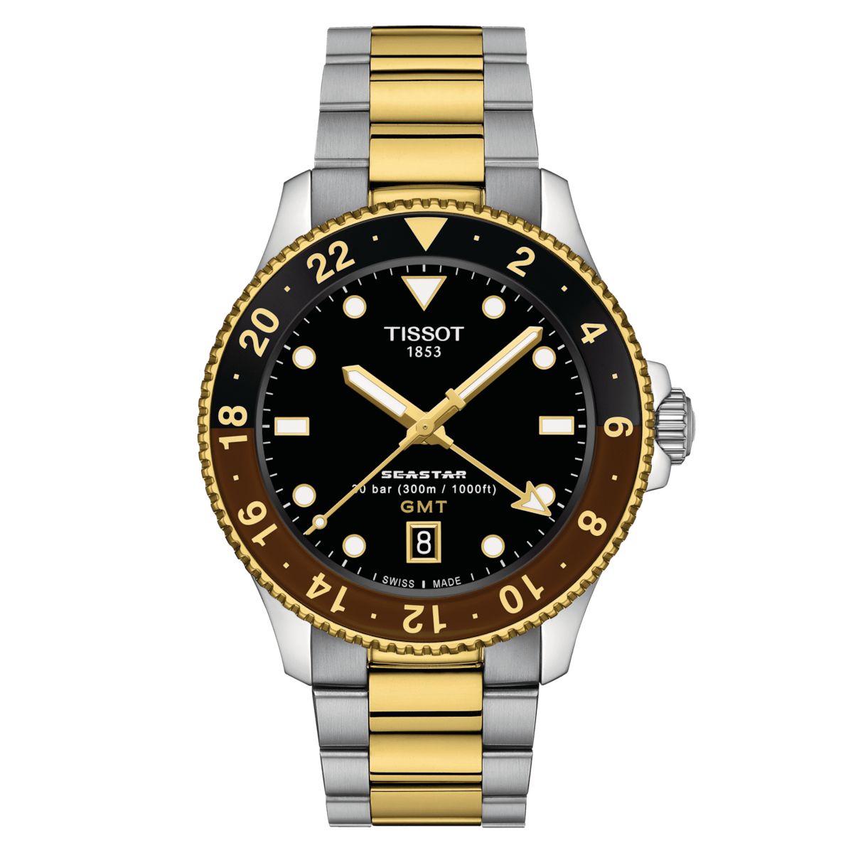 Orologio Uomo Tissot Seastar GMT Acciaio Dorato Marrone Nero Data T1208522205100