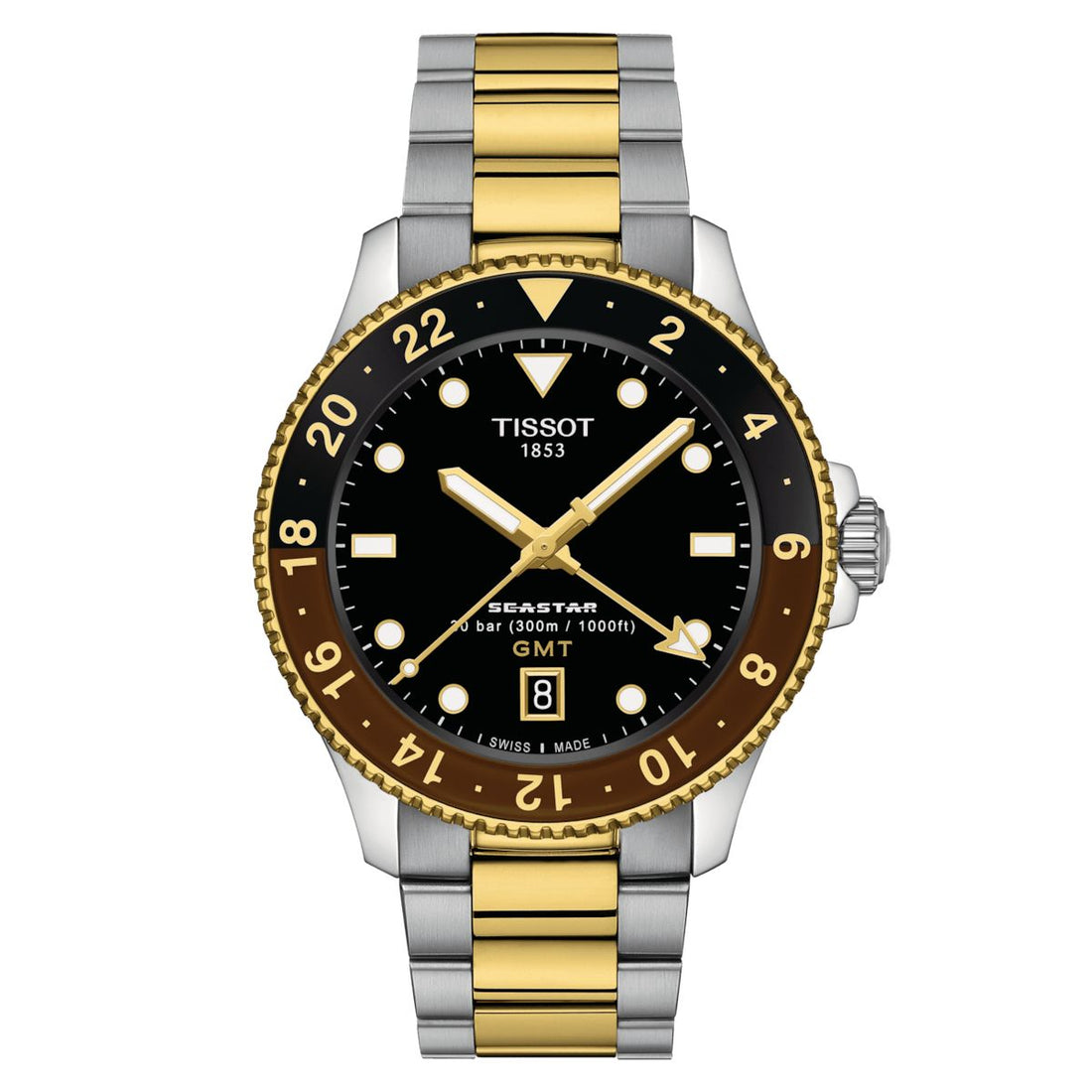 Orologio Uomo Tissot Seastar GMT Acciaio Dorato Marrone Nero Data T1208522205100
