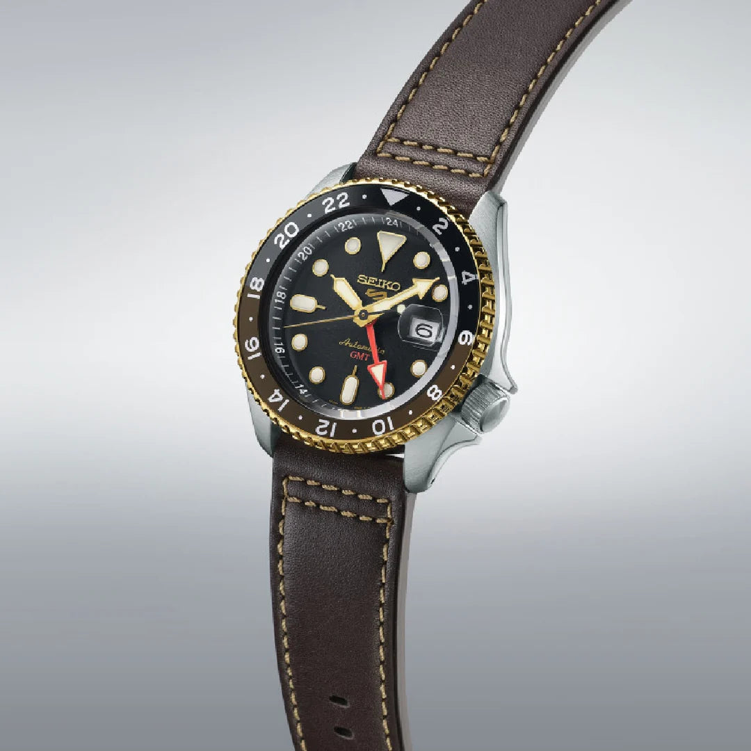 Orologio Uomo Seiko 5 GMT Sport Pelle Marrone Nero Dorato SSK036K1