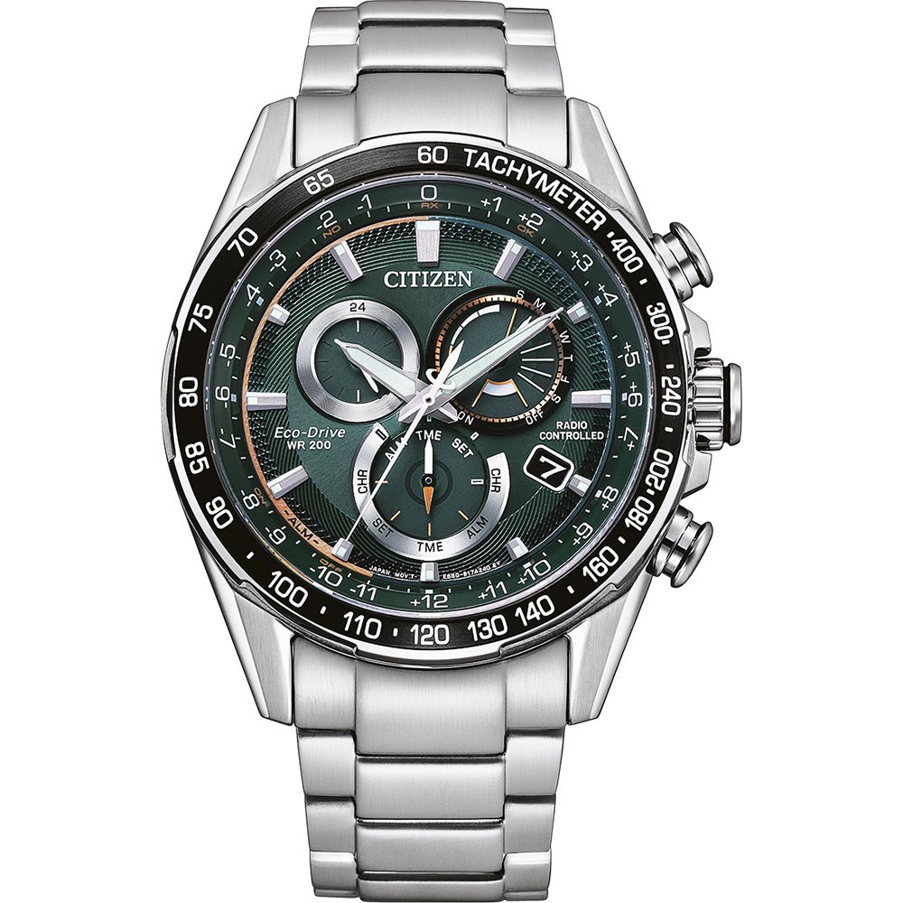 Orologio Uomo Citizen Acciaio Radio Controllato Eco Drive Data Verde CB5914-89X