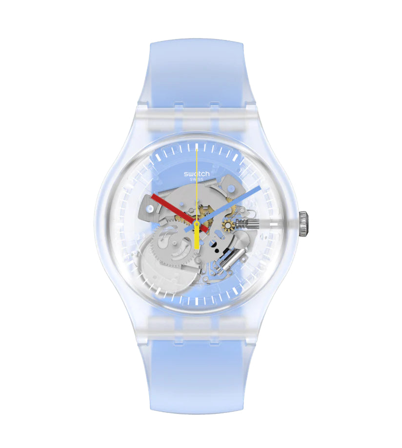 Orologio Uomo Swatch Quarzo Solo Tempo Monthly Drops Scheletrato Azzurro SUOK156