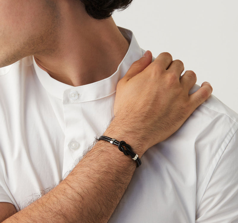 Bracciale Uomo Giovanni Raspini Argento 925 Cuoio Intrecciato Nodo Targhette 10383