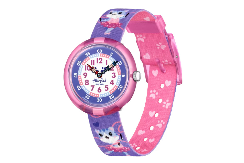 Orologio Bambina Swatch Flik Flak Ballerichat Quarzo Solo Tempo Rosa Gatto FBNP208