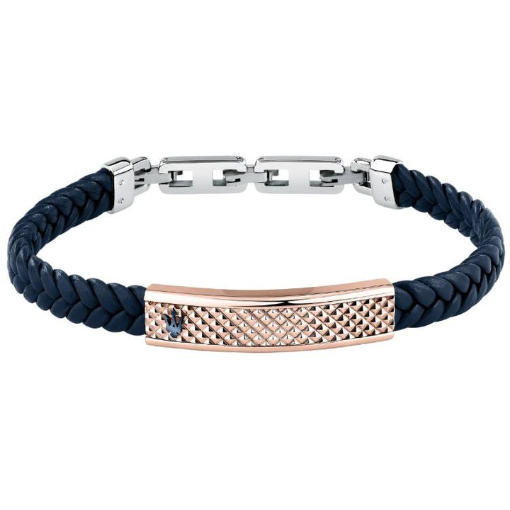 Bracciale Uomo Maserati Acciaio Pelle Semirigido Blu Targhetta Rosè JM525AVE35