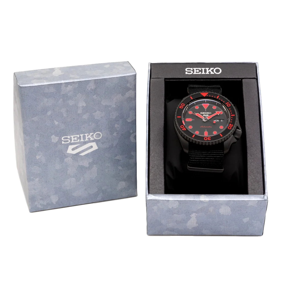 Orologio Uomo Seiko 5 Automatico Doppia Data Acciaio Nero Cordura Rosso SRPD83K1