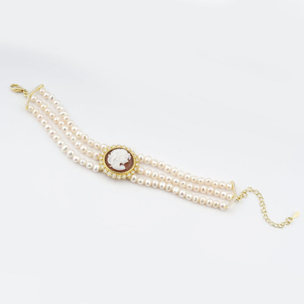 Bracciale Donna Cameo Italiano Argento Dorato Perline Testa Dama B8-G