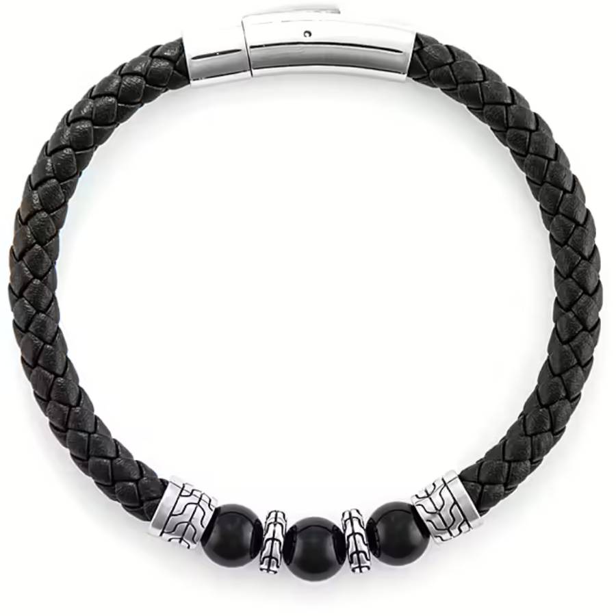 Bracciale Uomo 4US Cesare Paciotti Acciaio Cuoio nero  Intrecciato Semirigido ed onice 4UBR6383