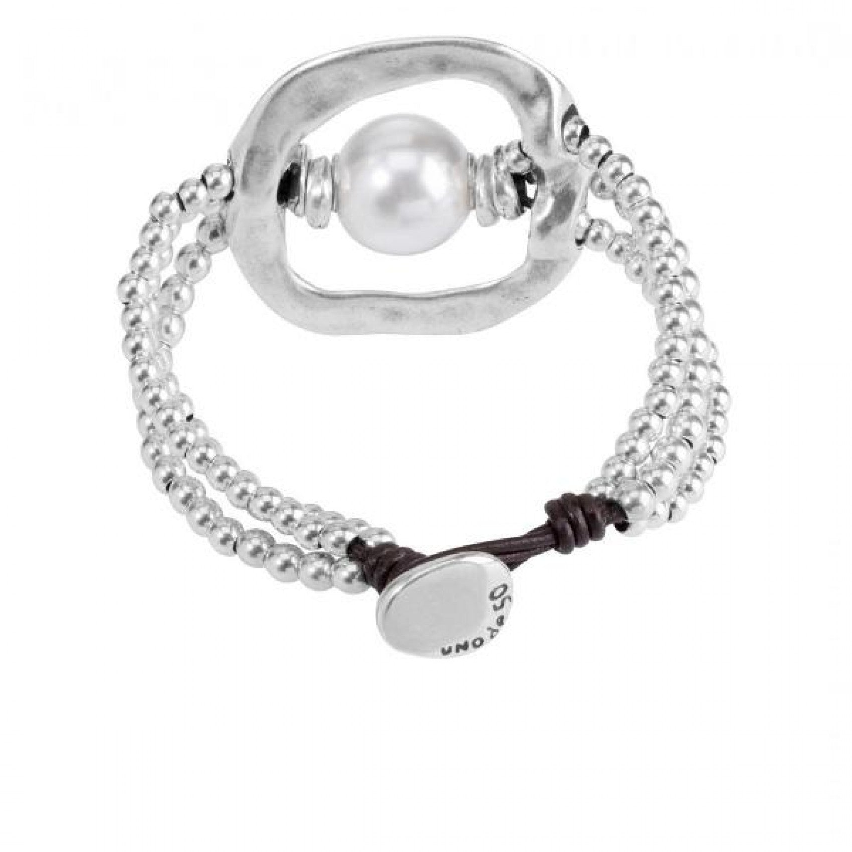 Bracciale Donna In Cuoio Con Perla Centrale Chiusura A Bottone