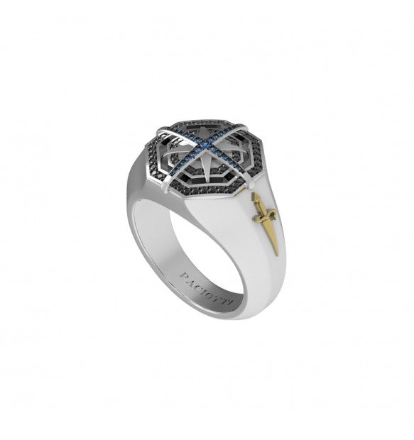 Anello Uomo Cesare Paciotti Argento Rosa Dei Venti Spinelli Neri Blu JPAN5003B