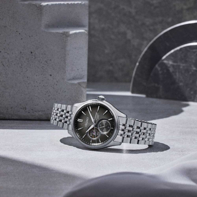 Orologio Uomo Seiko Presage Automatico Open Heart Nero Seta Acciaio SPB471J1