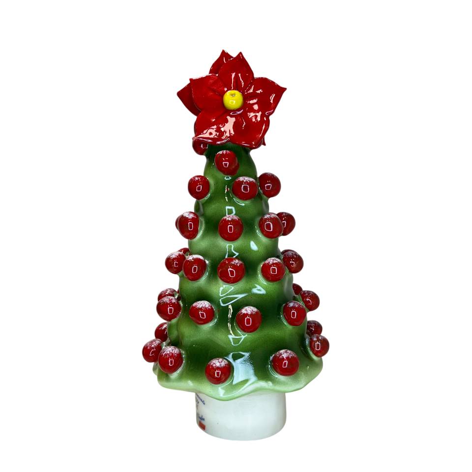 Albero di Natale Capodimonte Verde Palline Rosse Innevato Stella Di Natale 20cm CAP33