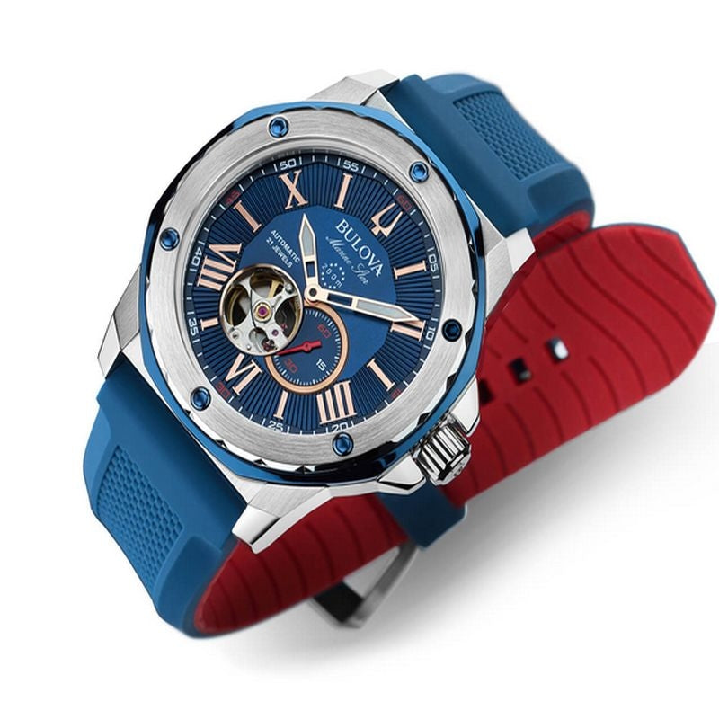 Orologio Uomo Bulova Automatico Marine Star Acciaio Gomma Open Heart Blu 98A282
