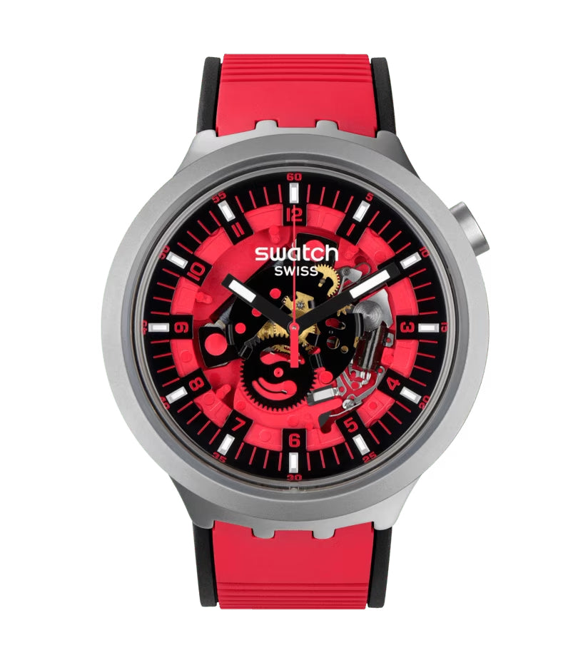 Orologio Uomo Swatch Acciaio Big Bold Red Juicy Gomma Quarzo Scheletrato SB07S110