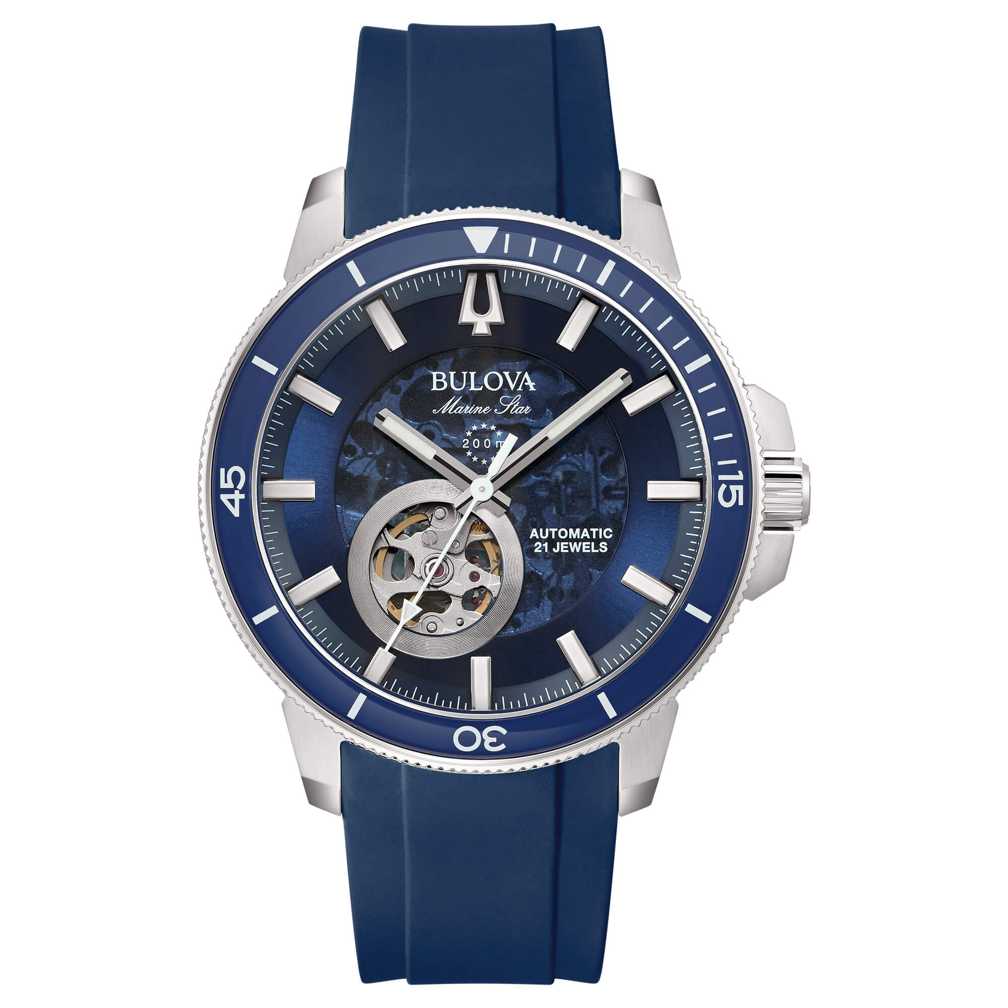 Orologio Uomo Bulova Automatico Marine Star Acciaio Satinato Lucido Gomma Blu 96A303