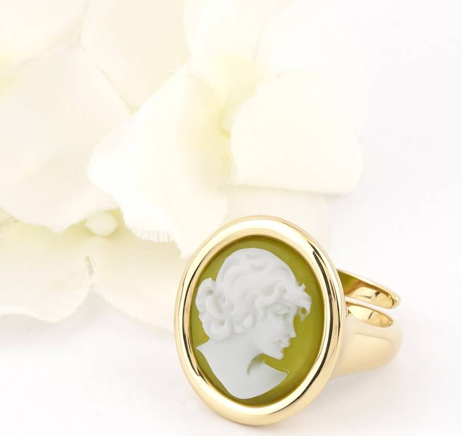 Anello Donna Cameo Italiano Argento Dorato 925 Verde Testa Donna A21PM-G