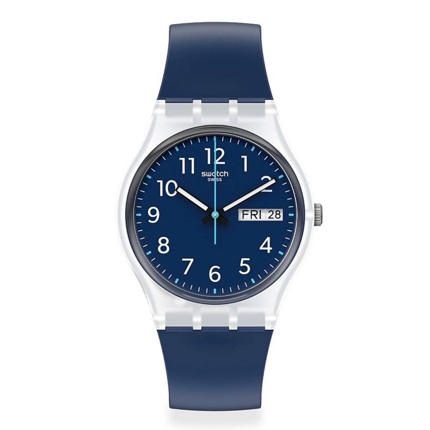 Orologio Uomo Gomma Swatch Bambino Quarz Solo Tempo Doppia Data Blu Numeri GE725