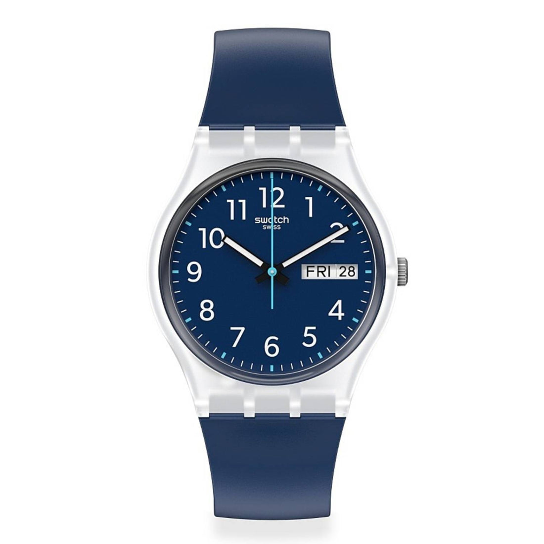 Orologio Uomo Gomma Swatch Bambino Quarz Solo Tempo Doppia Data Blu Numeri GE725