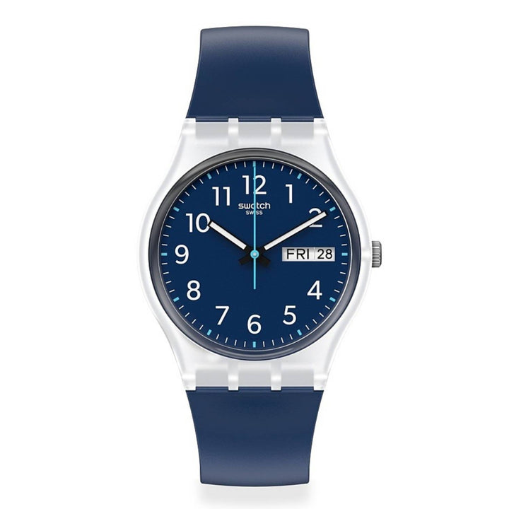 Orologio Uomo Gomma Swatch Bambino Quarz Solo Tempo Doppia Data Blu Numeri GE725