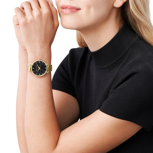 Orologio Donna Michael Kors Acciaio Dorato Nero Solo Tempo Zirconi MK4593