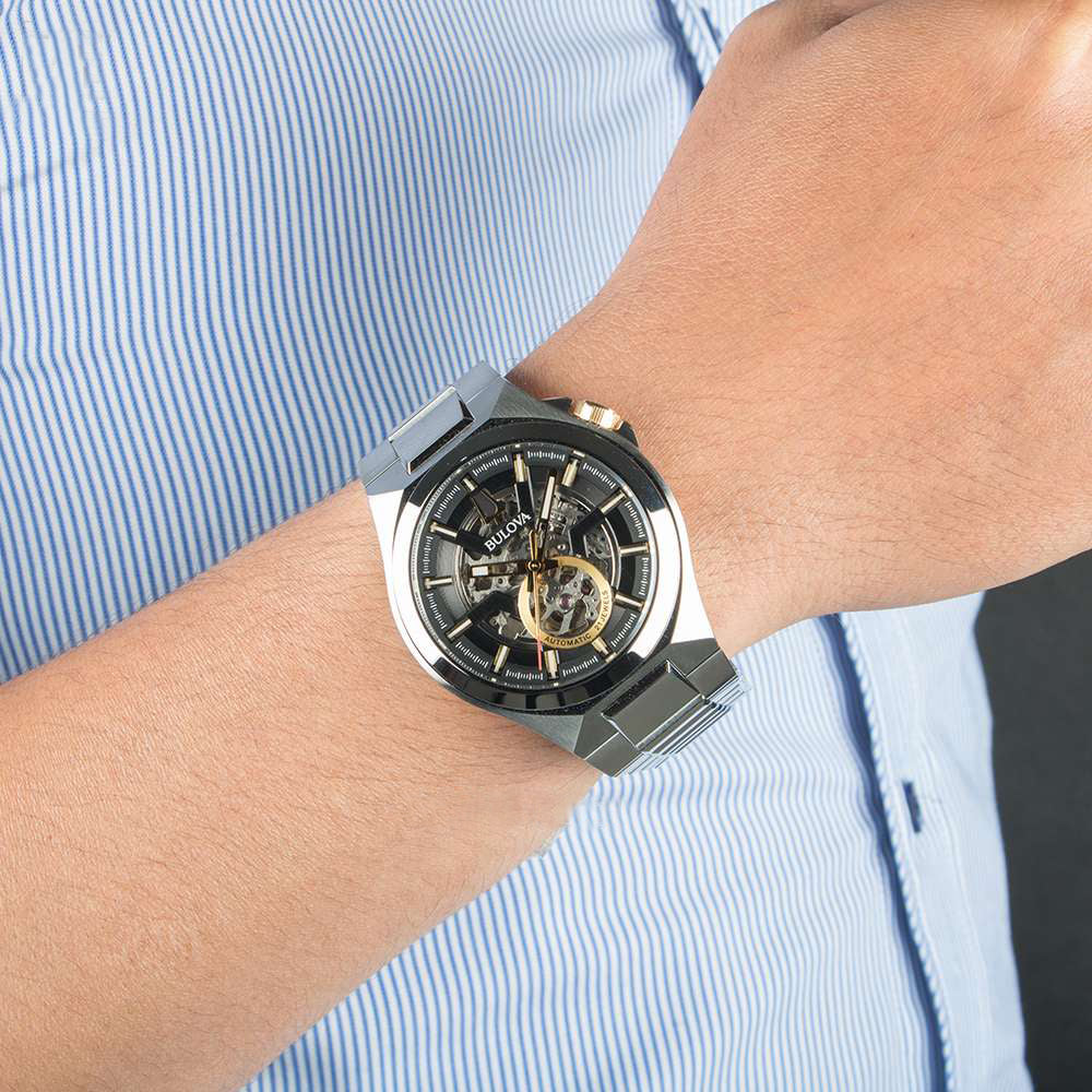 Orologio Uomo Bulova Automatico Maquina Nero Oro Acciaio Open Heart 98A224