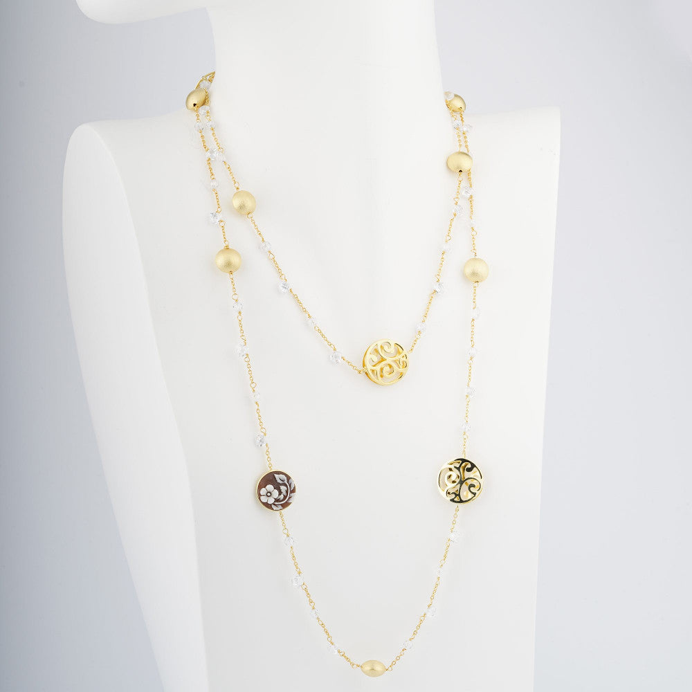 Collana Donna Cameo Italiano Argento Dorato 925 Fiore Cammeo Biglie Lavorate C1-G