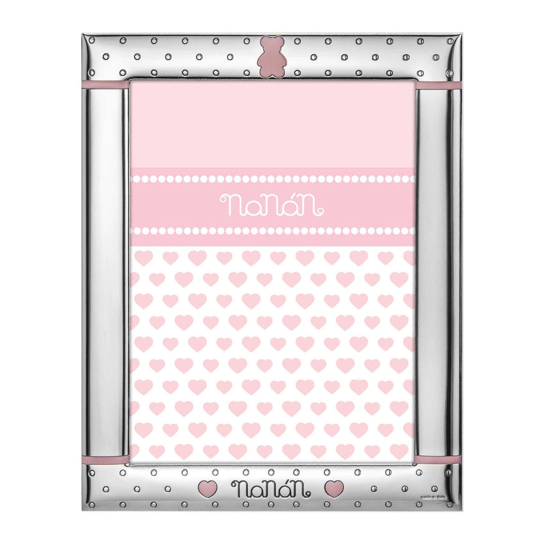Cornice Argento Bambina Nanan Rosa 18X13 cm Orsetto Cuori Smalto Rosa NCO0020
