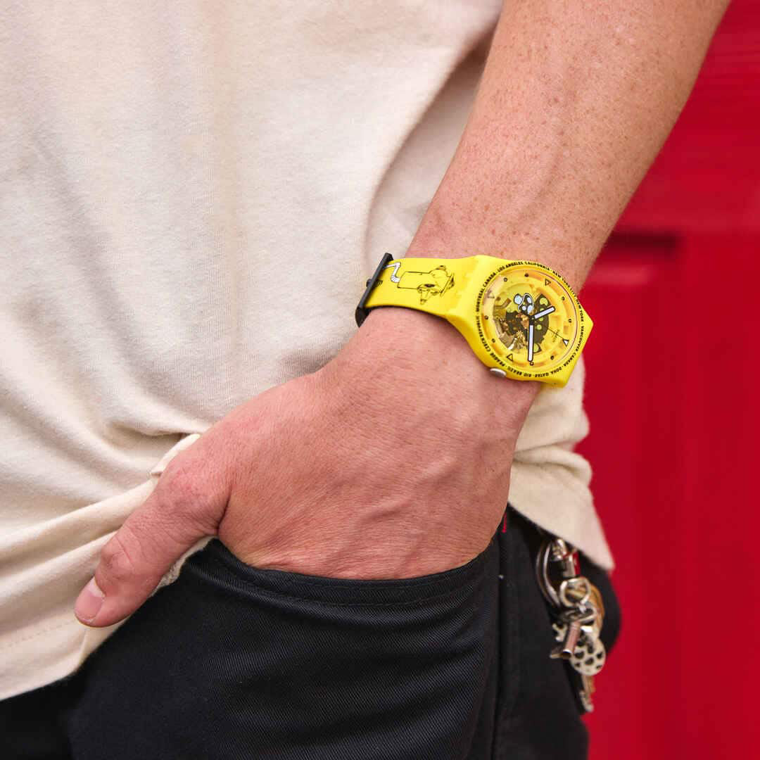 Orologio Unisex Swatch TIME WITH ANDY ANDERSON Nero SCheletrato Giallo SO29J101
