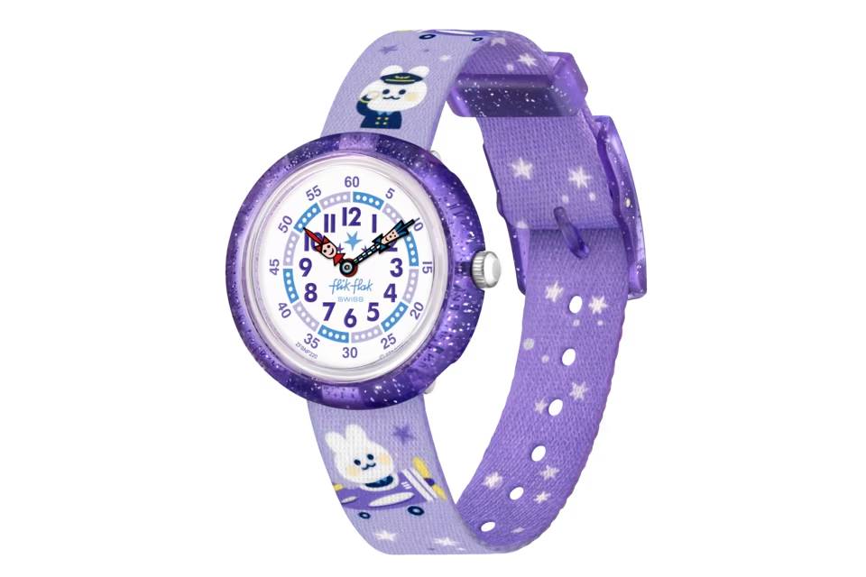 Orologio Bambina Swatch Flik Flak Chasing Clouds Gatti Viola Glitter ZFBNP220