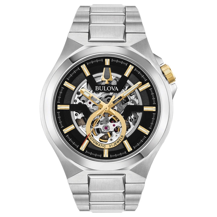 Orologio Uomo Bulova Automatico Maquina Nero Oro Acciaio Open Heart 98A224