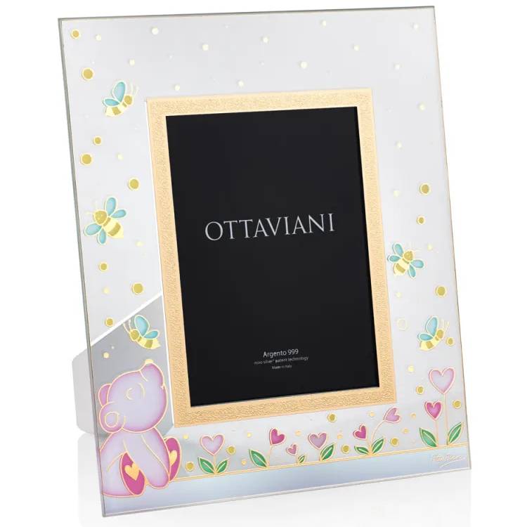 Portafoto Ottaviani Argento Vetro Bimba Ape Orso Rosa 13x18 7012VOR