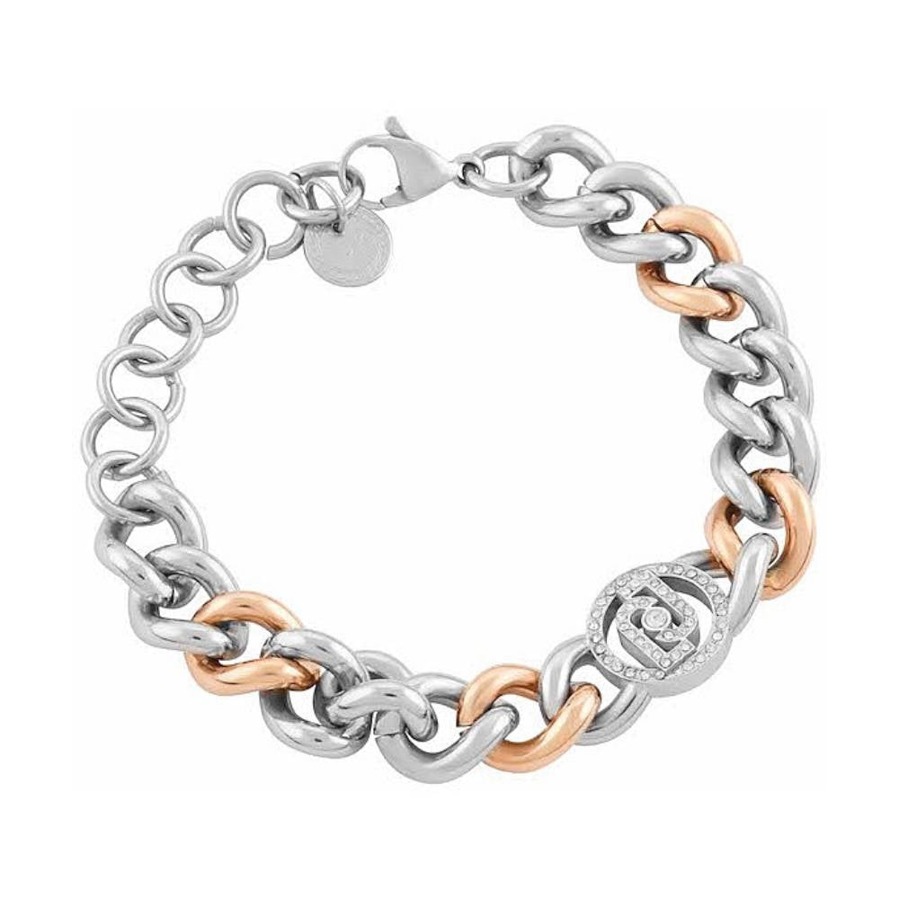 Bracciale Donna Liujo Catena Groumette Acciaio Bianco Rosè Logo Zirconi LJ1679