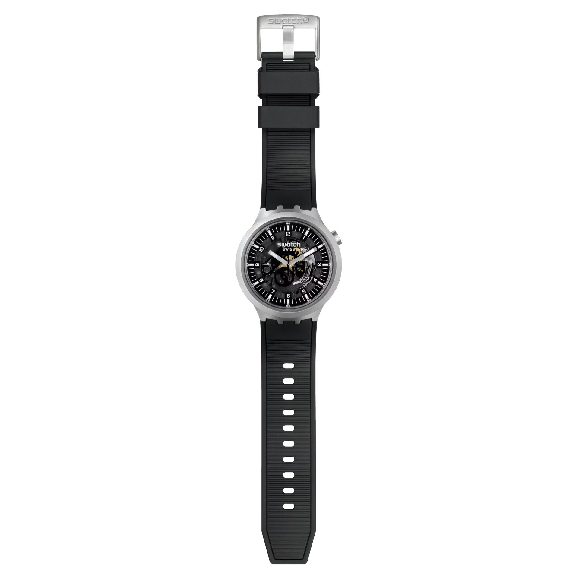Orologio Unisex Swatch Acciaio Big Bold Dark Irony Gomma Nero Scheletrato SB07S105
