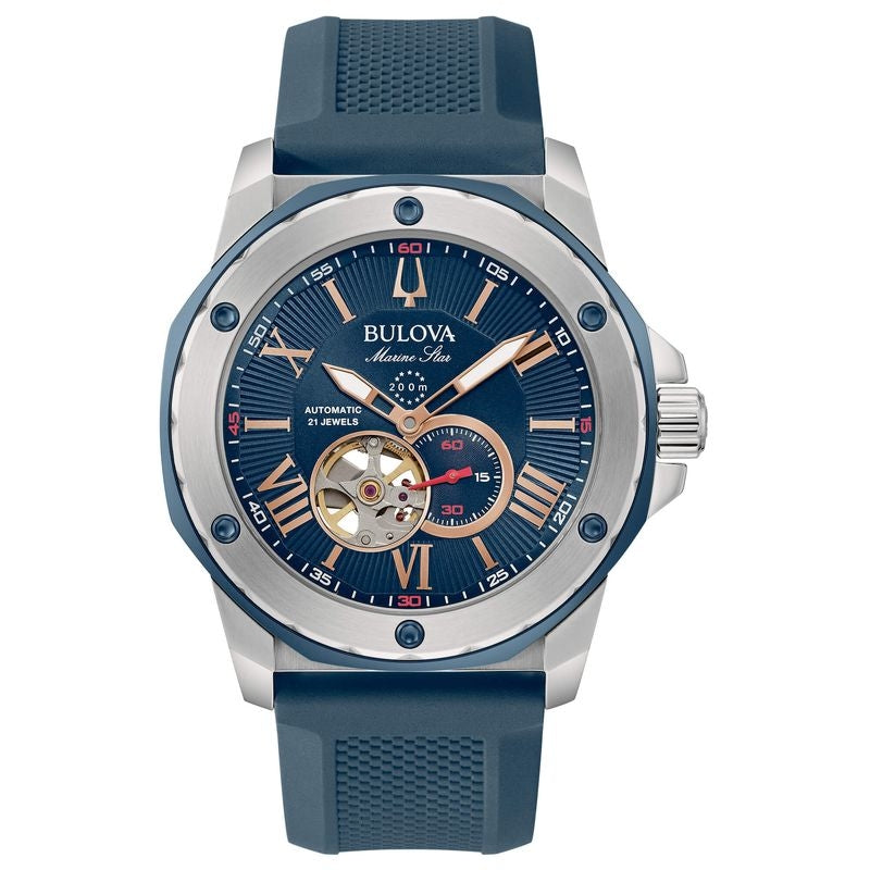 Orologio Uomo Bulova Automatico Marine Star Acciaio Gomma Open Heart Blu 98A282