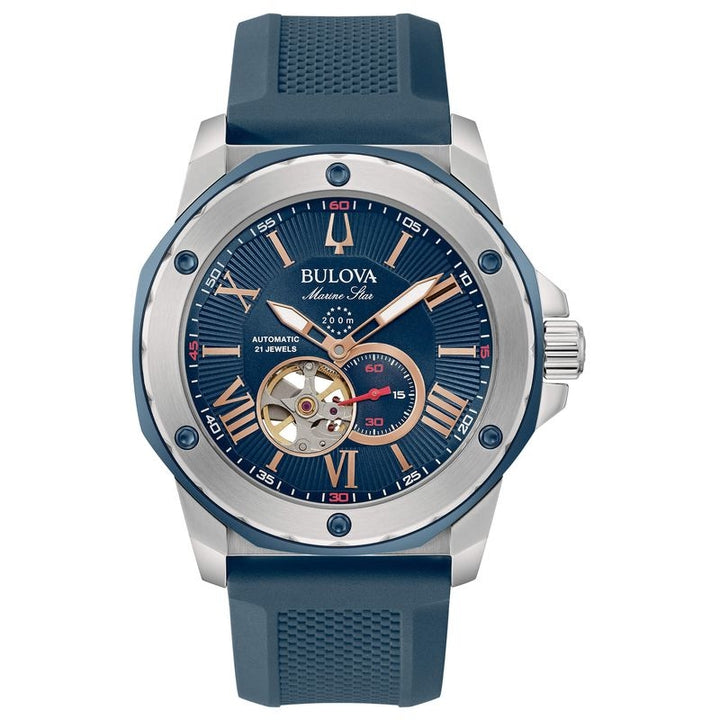Orologio Uomo Bulova Automatico Marine Star Acciaio Gomma Open Heart Blu 98A282