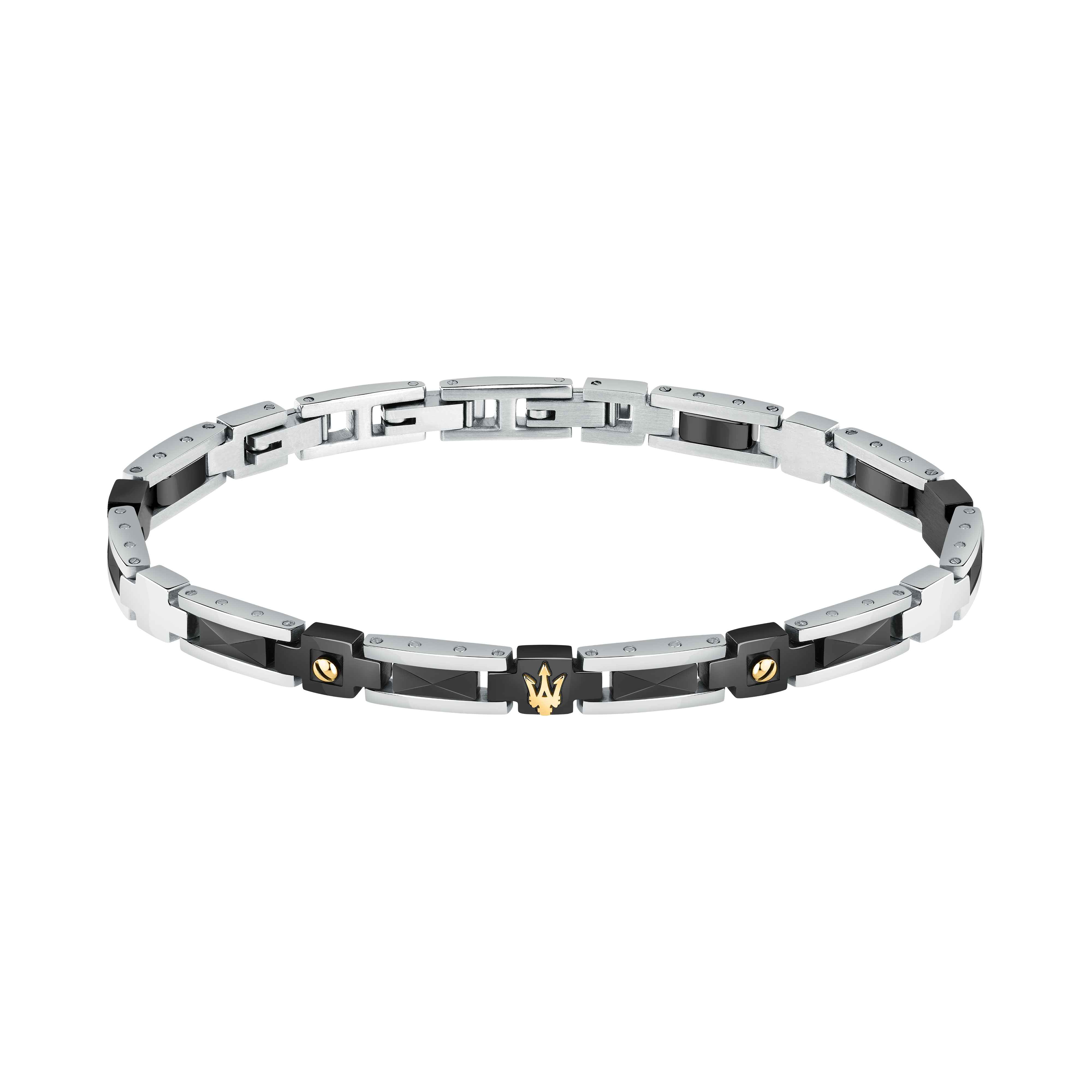 Bracciale Uomo Maserati Acciaio Semirigido Ceramica Nera Logo Viti Oro JM423ATZ30