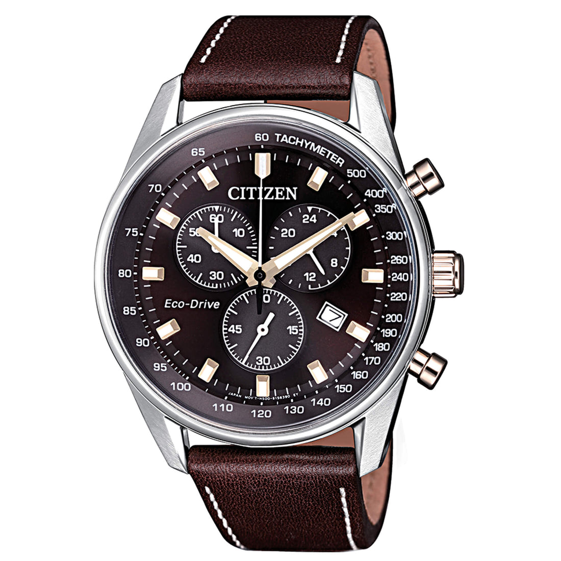 Orologio Uomo Citizen Eco Drive Cronografo Data Acciaio Pelle Marrone AT2396-19X