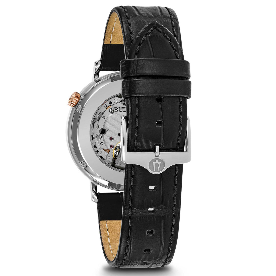 Orologio Uomo Bulova Automatico Aerojet Open Heart Pelle Nero Acciaio Grigio 98A187