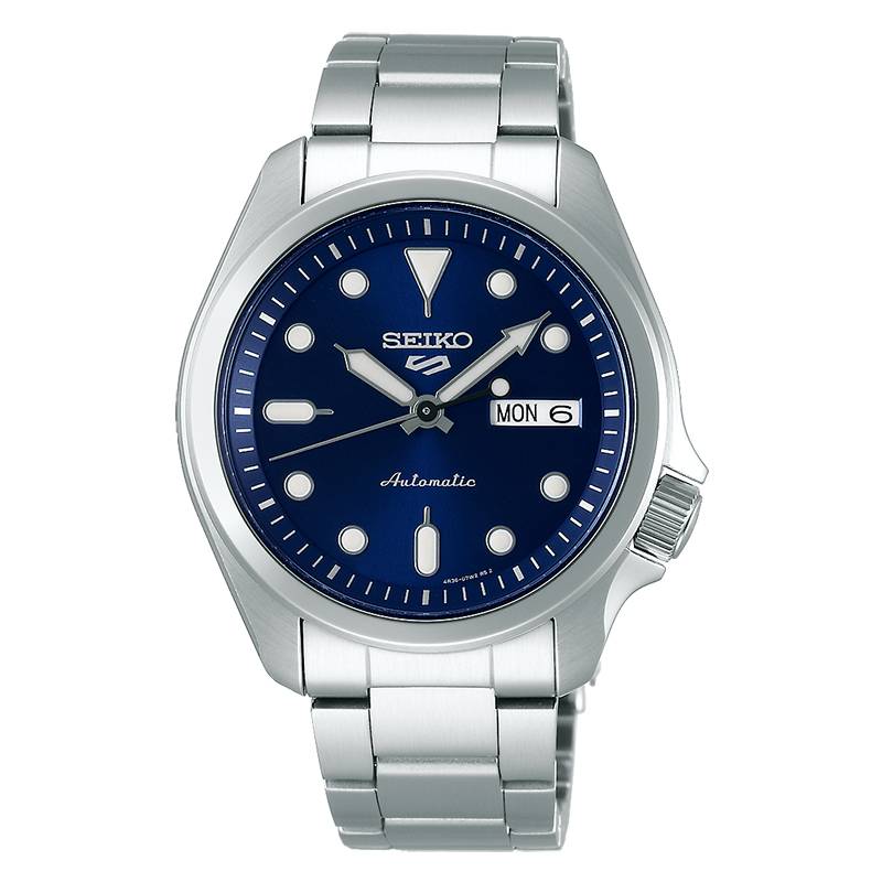 Orologio Uomo Seiko 5 Acciaio Automatico Doppia Data Quadrante Blu SRPE53K1