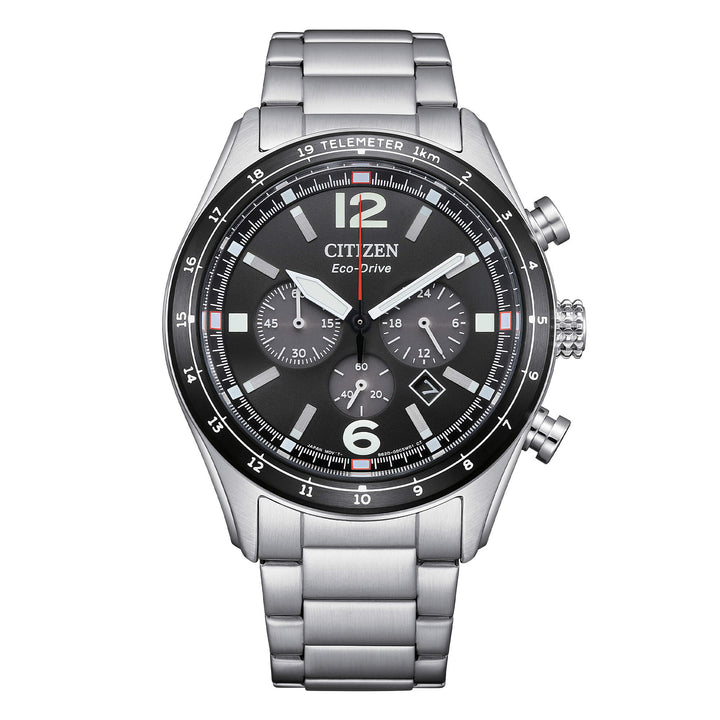 Orologio Uomo Citizen Nero Aviator Eco-Drive Cronografo Acciaio Data CA4654-55E