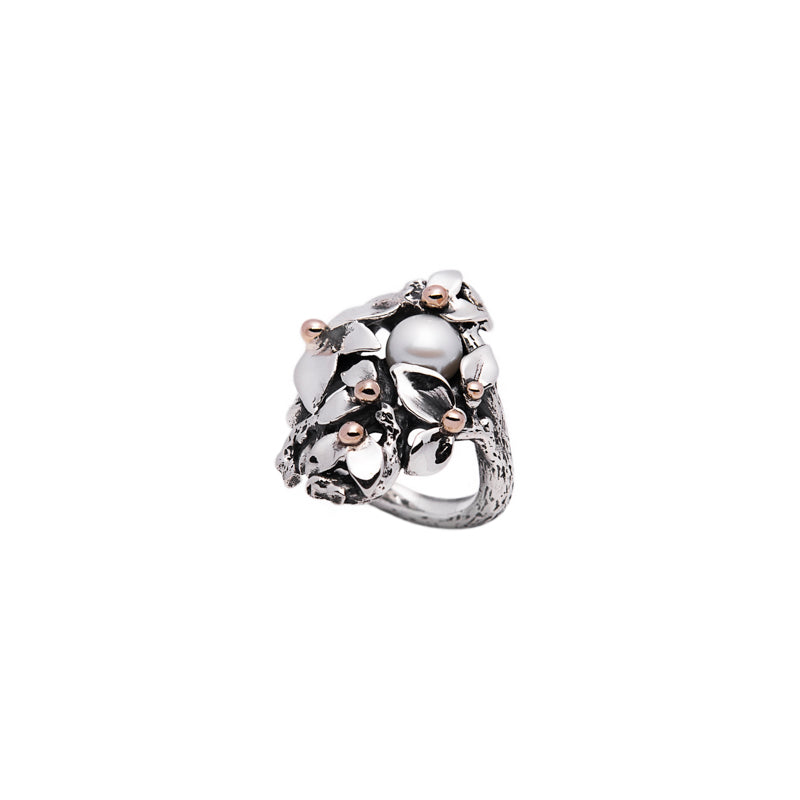 Anello Donna Nemoris Argento 925 Bronzo Rosè Misura 15 Fiori Perla Farfalle BAF03