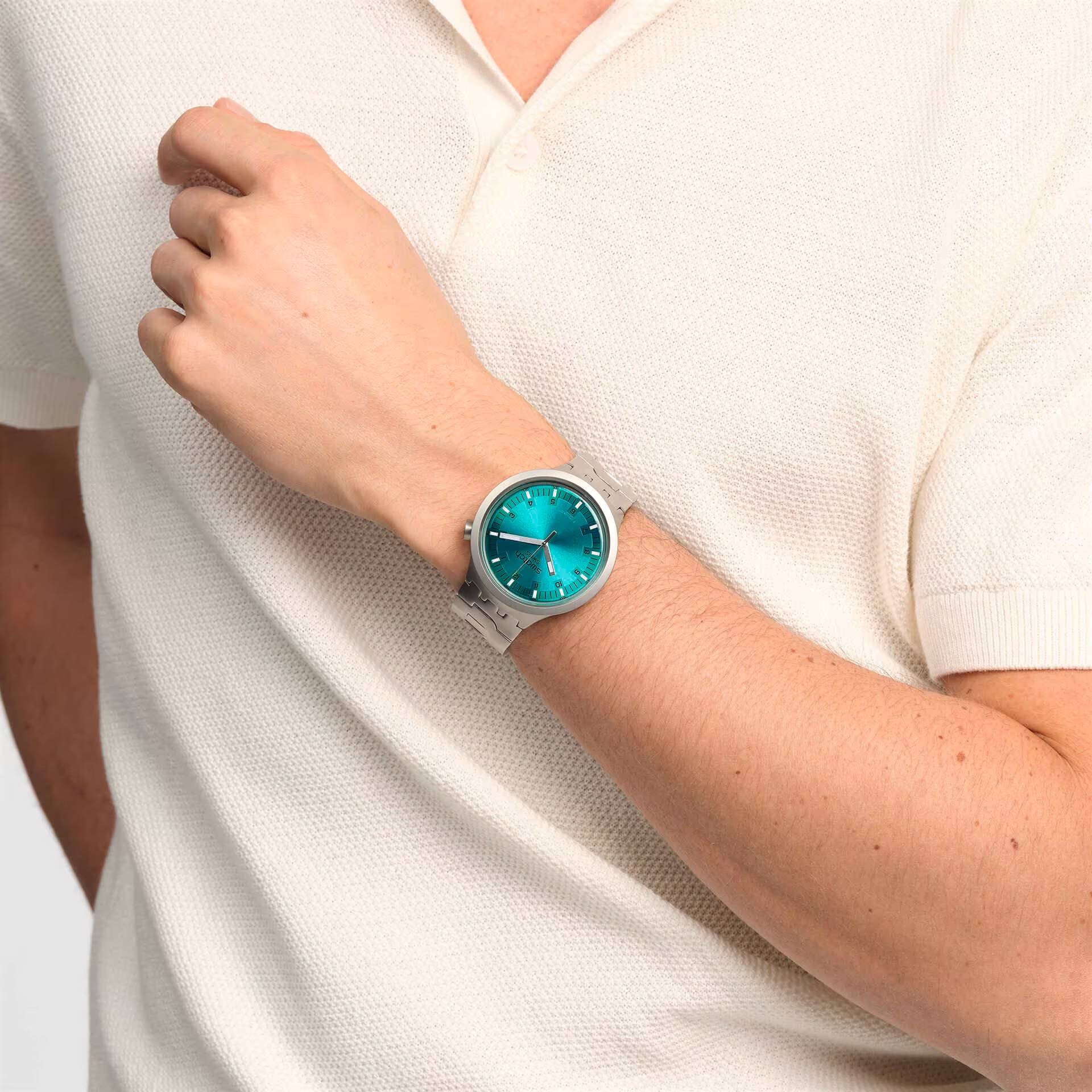 Orologio Unisex Swatch Acciaio Big Bold Aqua Shimmer Verde Acqua Lucido SB07S100G