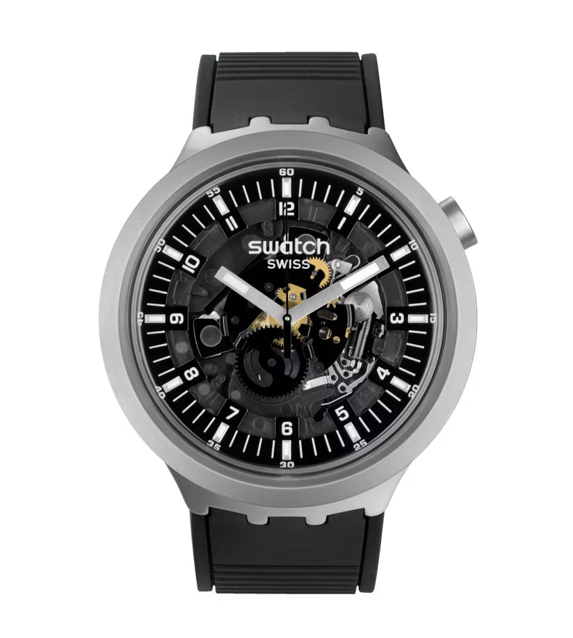 Orologio Unisex Swatch Acciaio Big Bold Dark Irony Gomma Nero Scheletrato SB07S105
