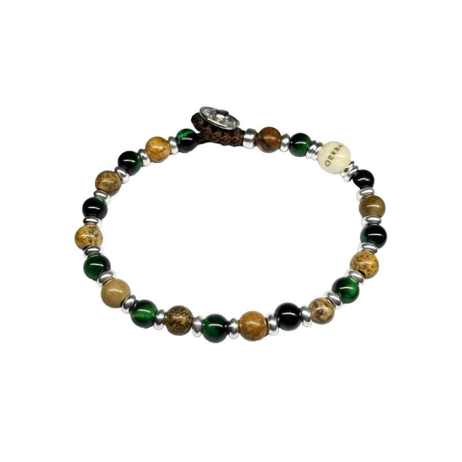 Bracciale Unisex Gerba Argento 925 Pietre Lucide Verde Legno Fossile COD.53